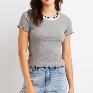 CHARLOTTE RUSSE RIBBED RUFFLE TOP TEE T-SHIRT GRAY